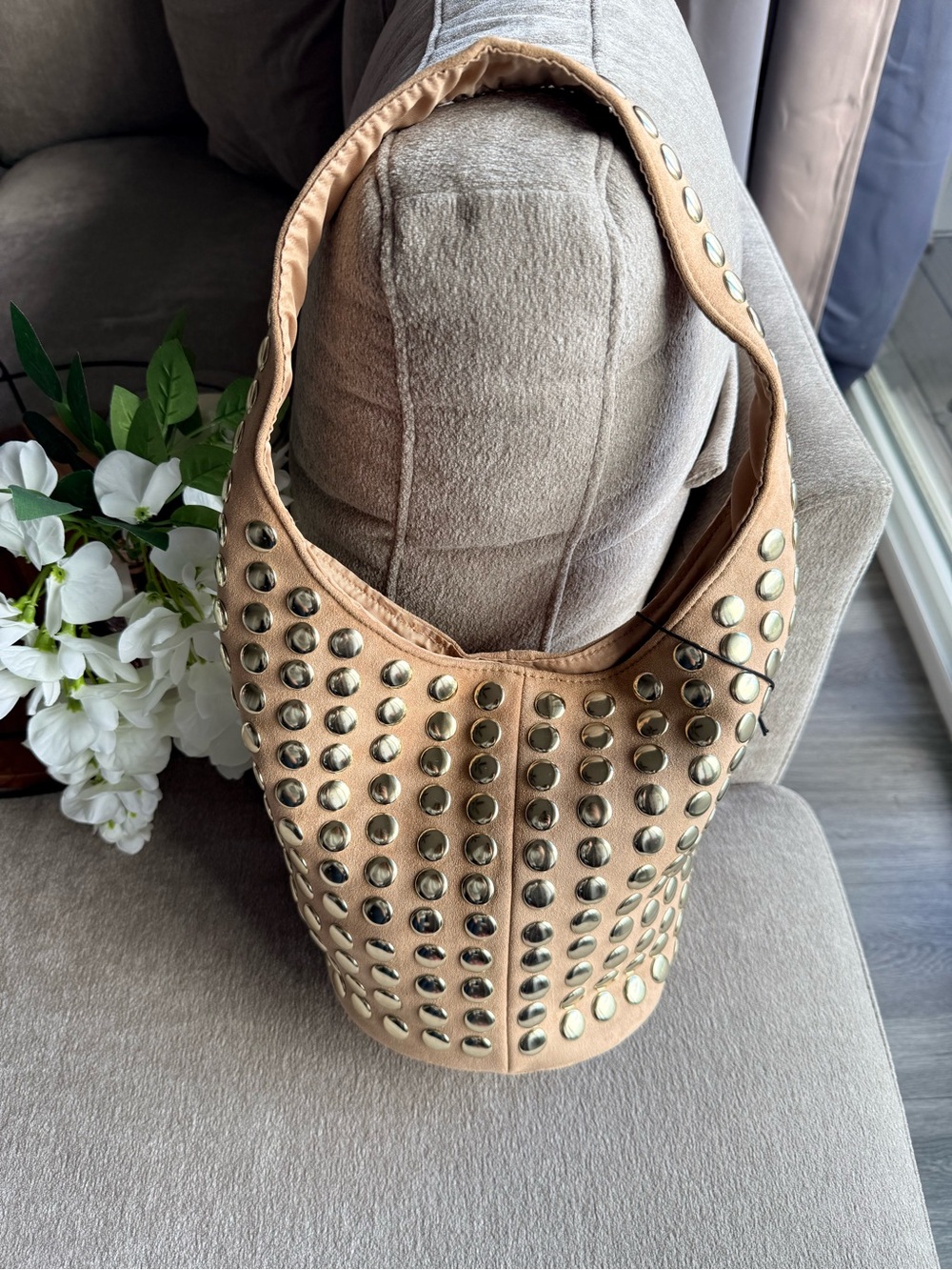 Madden NYC Studded Tan Faux Suede Hobo Bucket Shoulder Bag NWT